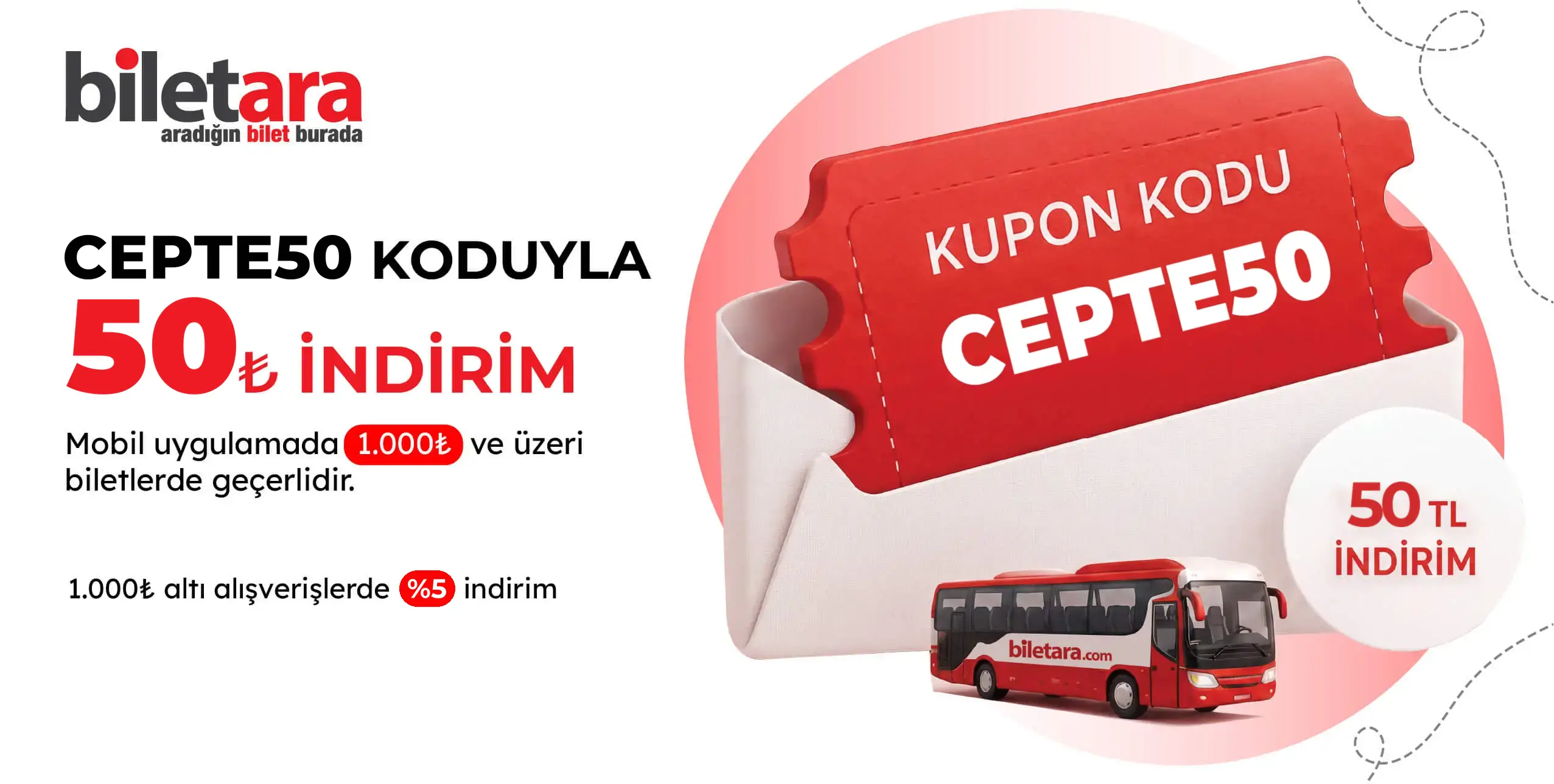 Biletara mobil uygulamasına özel, tüm otobüs firmaları için indirim kampanyası başladı.